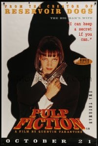 6g349 PULP FICTION advance English 40x60 1994 Quentin Tarantino, portrait of sexy Uma Thurman w/gun!