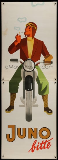 6g291 JUNO motorcycle style litfass 33x94 German advertising poster 1950s Walter Muller smoking art!