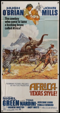 6j511 AFRICA - TEXAS STYLE 3sh 1967 art of Hugh O'Brian roping zebra by stampeding animals!