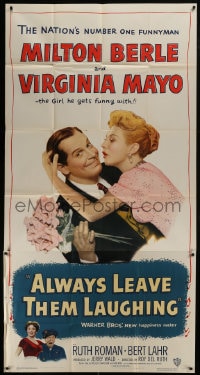 6j518 ALWAYS LEAVE THEM LAUGHING 3sh 1949 great romantic image of Milton Berle & Virginia Mayo!