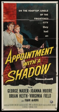 6j525 APPOINTMENT WITH A SHADOW 3sh 1958 cool noir artwork of silhouette pointing gun at stars!