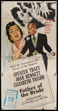 6j642 FATHER OF THE BRIDE 3sh 1950 art of Liz Taylor in wedding gown & broke Spencer Tracy!