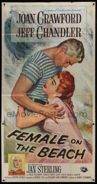 6j643 FEMALE ON THE BEACH 3sh 1955 romantic art of scared Joan Crawford embracing Jeff Chandler!