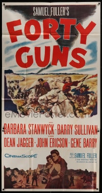 6j653 FORTY GUNS 3sh 1957 Samuel Fuller, art of Barbara Stanwyck & Barry Sullivan on horseback!
