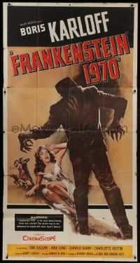 6j655 FRANKENSTEIN 1970 3sh 1958 Boris Karloff, great artwork of monster attacking sexy girl!