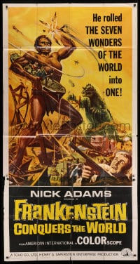 6j656 FRANKENSTEIN CONQUERS THE WORLD 3sh 1966 Toho, art of monsters terrorizing by Reynold Brown!