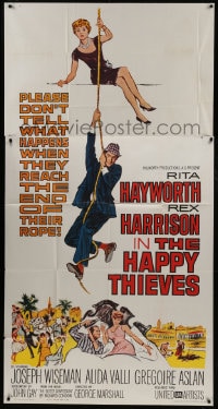 6j691 HAPPY THIEVES 3sh 1962 cool artwork of Rita Hayworth & Rex Harrison climbing rope!