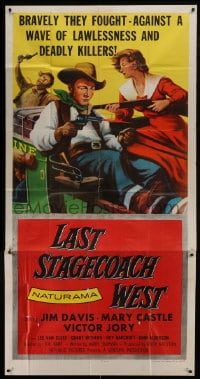 6j748 LAST STAGECOACH WEST 3sh 1957 art of Jim Davis & Mary Castle w/guns on runaway stagecoach!