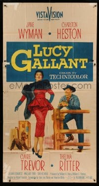 6j762 LUCY GALLANT 3sh 1955 full-length art of Jane Wyman & Charlton Heston!
