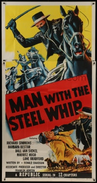 6j777 MAN WITH THE STEEL WHIP 3sh 1954 serial, cool art of masked hero on horse lashing his whip!