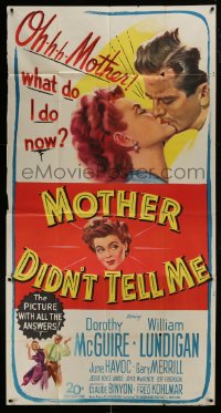 6j794 MOTHER DIDN'T TELL ME 3sh 1950 art of Dorothy McGuire & William Lundigan kissing!