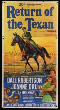 6j864 RETURN OF THE TEXAN 3sh 1952 art of Dale Robertson on horseback & holding Joanne Dru!