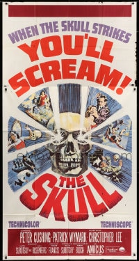 6j885 SKULL 3sh 1965 Peter Cushing, Christopher Lee, cool horror artwork of creepy skull!