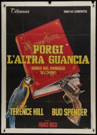 6j483 TURN THE OTHER CHEEK teaser Italian 1p 1974 cool art of parrot + gun in book by Renato Casaro!