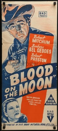 6k520 BLOOD ON THE MOON Aust daybill R1950s art of cowboy Robert Mitchum w/gun & Barbara Bel Geddes!