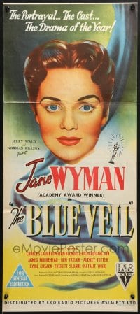 6k523 BLUE VEIL Aust daybill 1952 cool close-up art of pretty Jane Wyman!