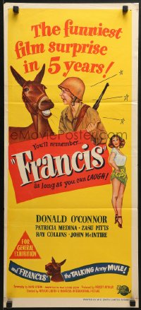 6k650 FRANCIS THE TALKING MULE Aust daybill 1949 art of Donald O'Connor, Patricia Medina & donkey!