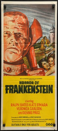 6k684 HORROR OF FRANKENSTEIN Aust daybill 1971 Hammer horror, close up art of monster with axe!