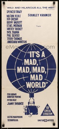 6k701 IT'S A MAD, MAD, MAD, MAD WORLD Aust daybill R1960s art of balloon & case full of money!
