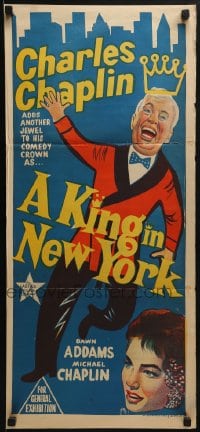 6k723 KING IN NEW YORK Aust daybill 1957 artwork of Charlie Chaplin, Dawn Addams!