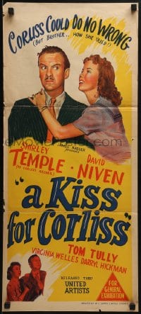 6k727 KISS FOR CORLISS Aust daybill 1949 art of Shirley Temple & David Niven!
