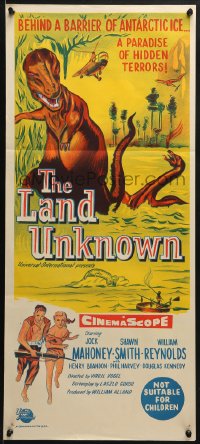 6k737 LAND UNKNOWN Aust daybill 1957 a paradise of hidden terrors, great different dinosaur art!