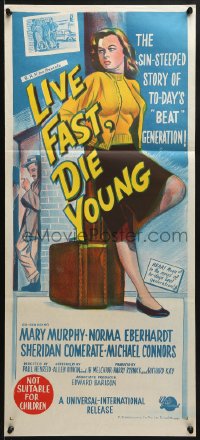 6k752 LIVE FAST DIE YOUNG Aust daybill 1958 artwork of bad girl Mary Murphy on street corner!