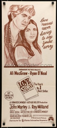 6k764 LOVE STORY Aust daybill 1970 great romantic close up art of Ali MacGraw & Ryan O'Neal!