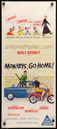 6k796 MONKEYS GO HOME Aust daybill 1967 Disney, art of Maurice Chevalier, Yvette Mimieux & apes!