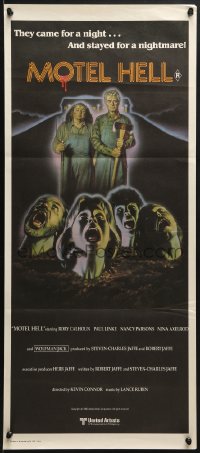 6k801 MOTEL HELL Aust daybill 1980 wild horror art, they came for a night, stayed for a nightmare!