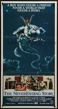 6k810 NEVERENDING STORY Aust daybill 1984 Petersen, fantasy art of Falcor & cast by Ezra Tucker!