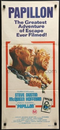 6k833 PAPILLON Aust daybill 1973 art of prisoners Steve McQueen & Dustin Hoffman by Tom Jung!