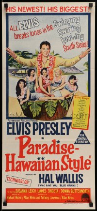 6k834 PARADISE - HAWAIIAN STYLE Aust daybill 1966 art of Elvis Presley& beach babes!