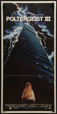 6k848 POLTERGEIST 3 Aust daybill 1988 great image of Heather O'Rourke by skyscraper in storm!