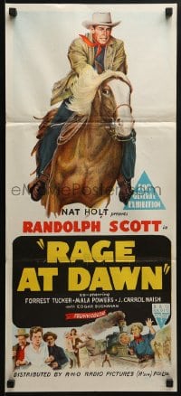 6k853 RAGE AT DAWN Aust daybill 1955 cool artwork of outlaw hunter Randolph Scott by train!