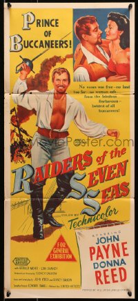 6k855 RAIDERS OF THE SEVEN SEAS Aust daybill 1953 suave pirate John Payne romances sexy Donna Reed!