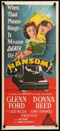 6k859 RANSOM Aust daybill 1956 great image of Glenn Ford & Donna Reed waiting for call!