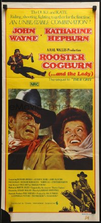6k884 ROOSTER COGBURN Aust daybill 1975 great art of John Wayne with eyepatch & Katharine Hepburn!