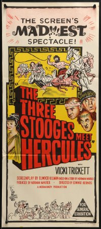 6k951 THREE STOOGES MEET HERCULES Aust daybill 1961 Moe Howard, Larry Fine & Joe DeRita, Burke!