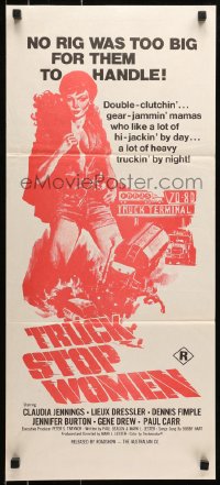 6k964 TRUCK STOP WOMEN Aust daybill 1974 no rig was too big for sexy Claudia Jennings to handle!
