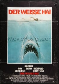 6k345 JAWS German 1975 art of Steven Spielberg's classic man-eating shark attacking sexy swimmer!
