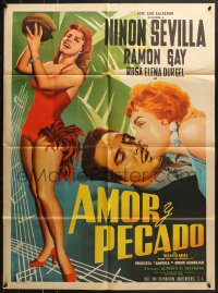 6k137 AMOR Y PECADO Mexican poster 1956 full-length art of sexy Ninon Sevilla by L. Mendoza!