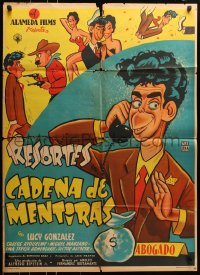6k139 CADENA DE MENTIRAS Mexican poster 1955 wacky cartoon art of comedian Resortes by Cabral!