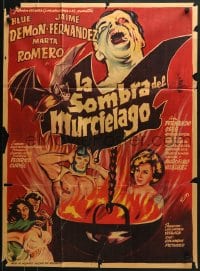 6k156 LA SOMBRA DEL MURCIELAGO Mexican poster 1968 great Ruiz art of Blue Demon in cauldron!