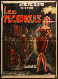 6k157 LAS PECADORAS Mexican poster 1968 great art of sexy prostitute in the red light district!