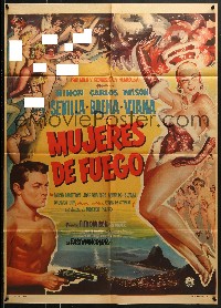 6k165 MUJERES DE FUEGO Mexican poster 1959 super sexy art of many naked showgirls + full-length dancer!