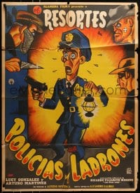6k170 POLICIAS Y LADRONES Mexican poster 1956 really great artwork of scared policeman & crooks!