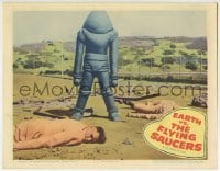 6m324 EARTH VS. THE FLYING SAUCERS LC 1956 cool image of alien robot standing over dead men!