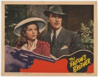 6m358 FALCON'S BROTHER LC 1942 close portrait of Tom Conway & Jane Randolph, cool gun border art!