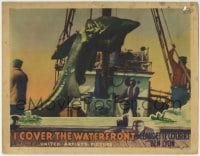 6m484 I COVER THE WATERFRONT LC 1933 great image of fishermen lifting shark onto their boat!